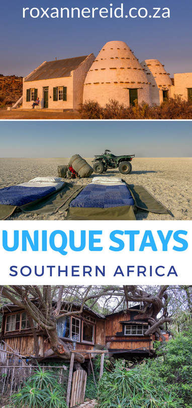 Looking for unusual accommodation or quirky accommodation in Southern Africa? Check out at these 10 unique stays, from a jail to a treehouse, a cave or houseboat to a starbed and more, from Botswana (Chobe and Makgadikgadi), Namibia (Zambezi and Sossusvlei) and South Africa (Rovos, Baviaanskloof and Karoo). #africa #Botswana #namibia #SouthAfrica
