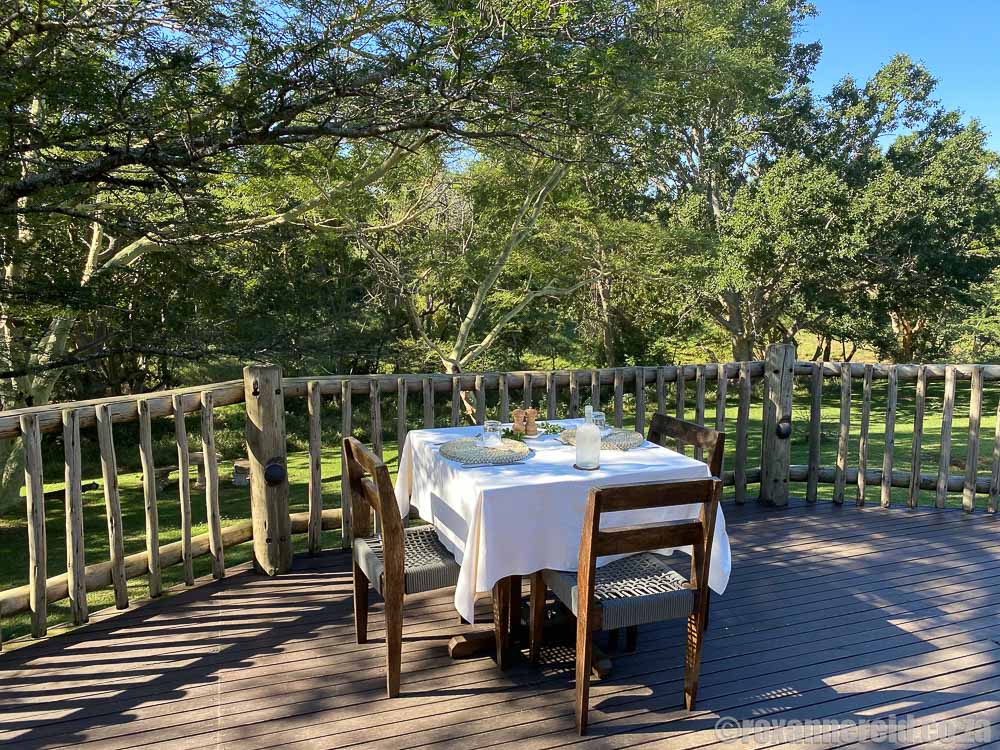 Dining on the deck at Rhino River Lodge in Zululand