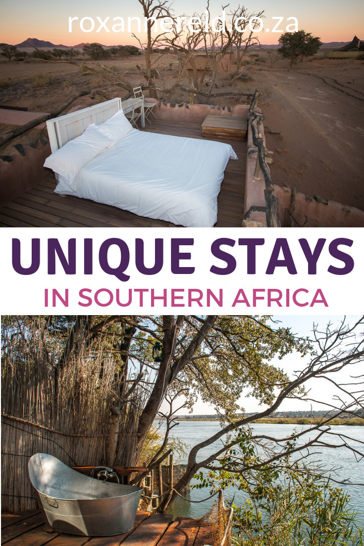 Looking for unusual accommodation or quirky accommodation in Southern Africa? Check out at these 10 unique stays, from a jail to a treehouse, a cave or houseboat to a starbed and more, from Botswana (Chobe and Makgadikgadi), Namibia (Zambezi and Sossusvlei) and South Africa (Rovos, Baviaanskloof and Karoo). #africa #Botswana #namibia #SouthAfrica
